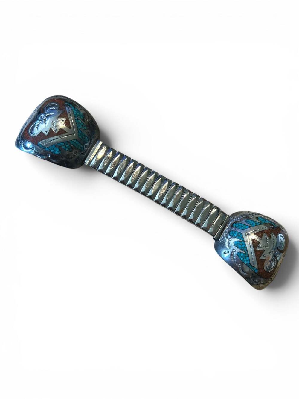 Native American SouthwestSterling Silver Turquoise Spiny Oyster Inlay watchband.